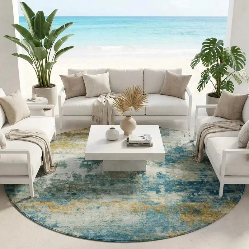 8' Teal Blue And Green Round Abstract Washable Indoor Outdoor Area Rug Homeroots Outdoor