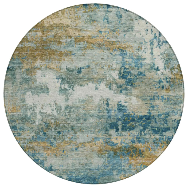 8' Teal Blue And Green Round Abstract Washable Indoor Outdoor Area Rug Homeroots Outdoor