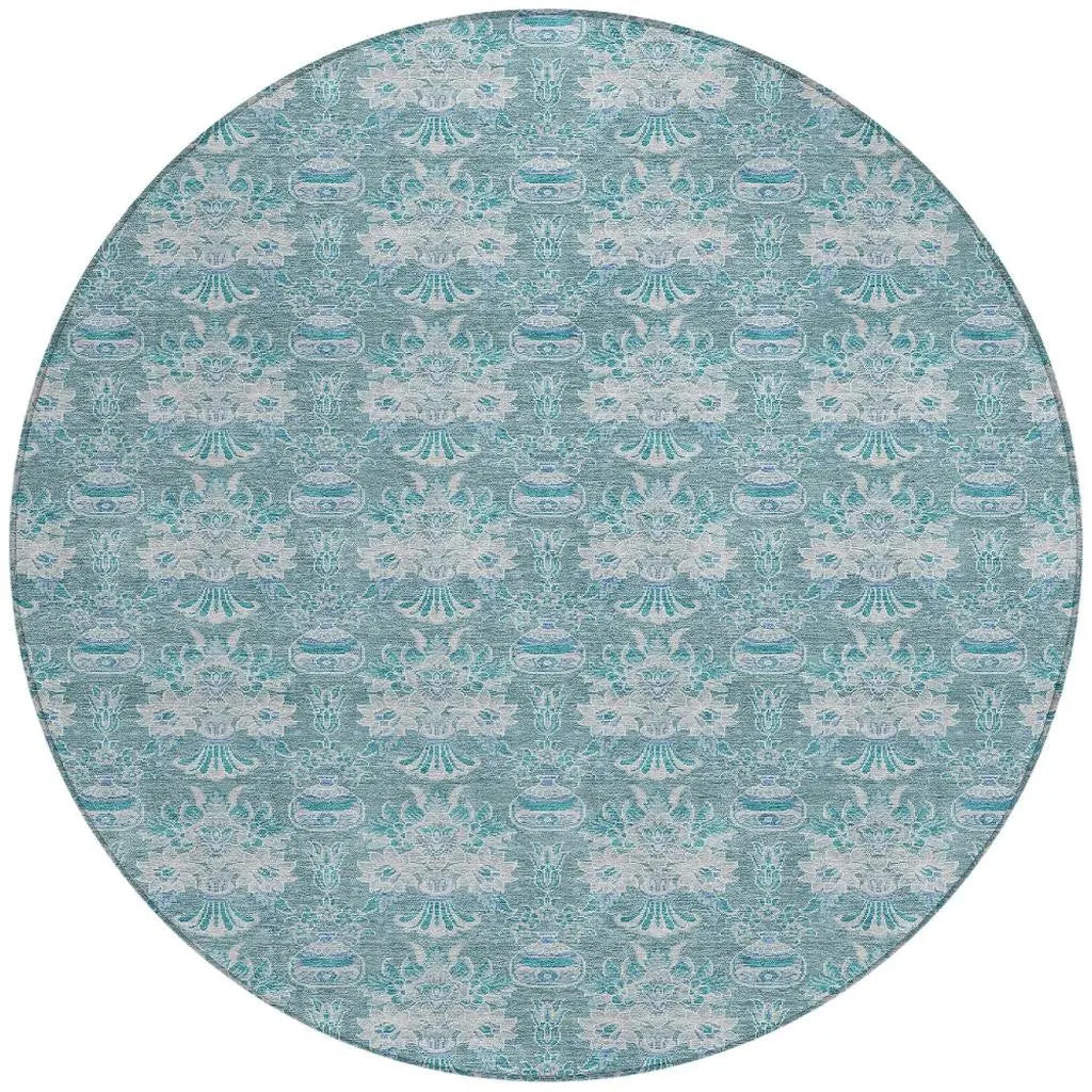 8' Teal Blue And Green Round Floral Washable Indoor Outdoor Area Rug Homeroots Outdoor