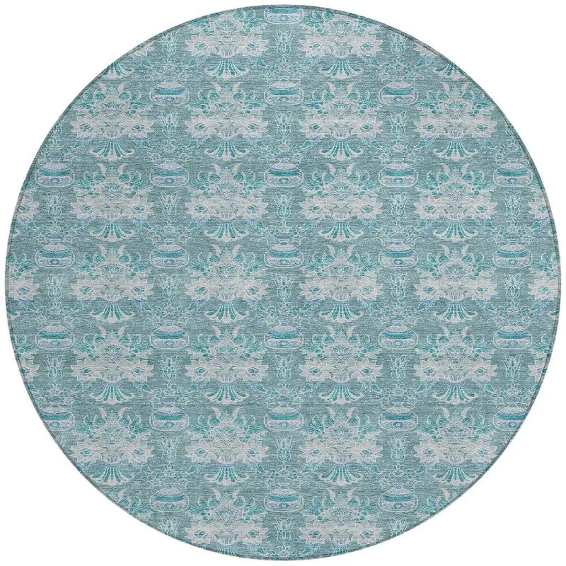 8' Teal Blue And Green Round Floral Washable Indoor Outdoor Area Rug Homeroots Outdoor