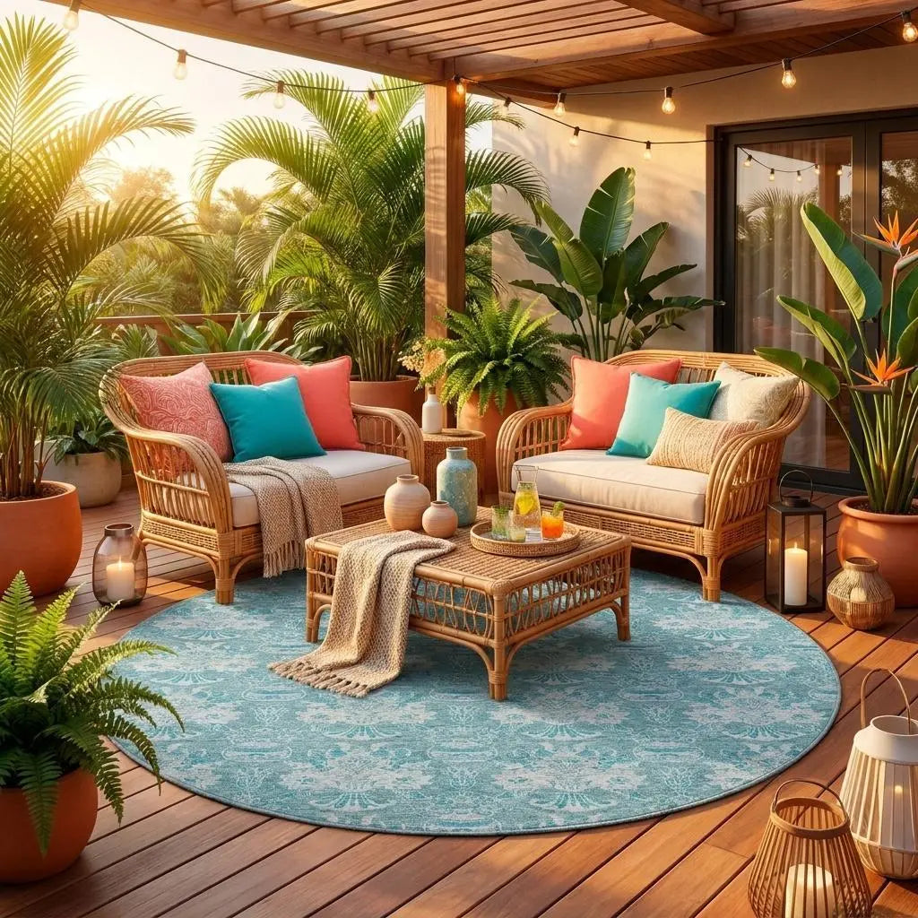 8' Teal Blue And Green Round Floral Washable Indoor Outdoor Area Rug Homeroots Outdoor