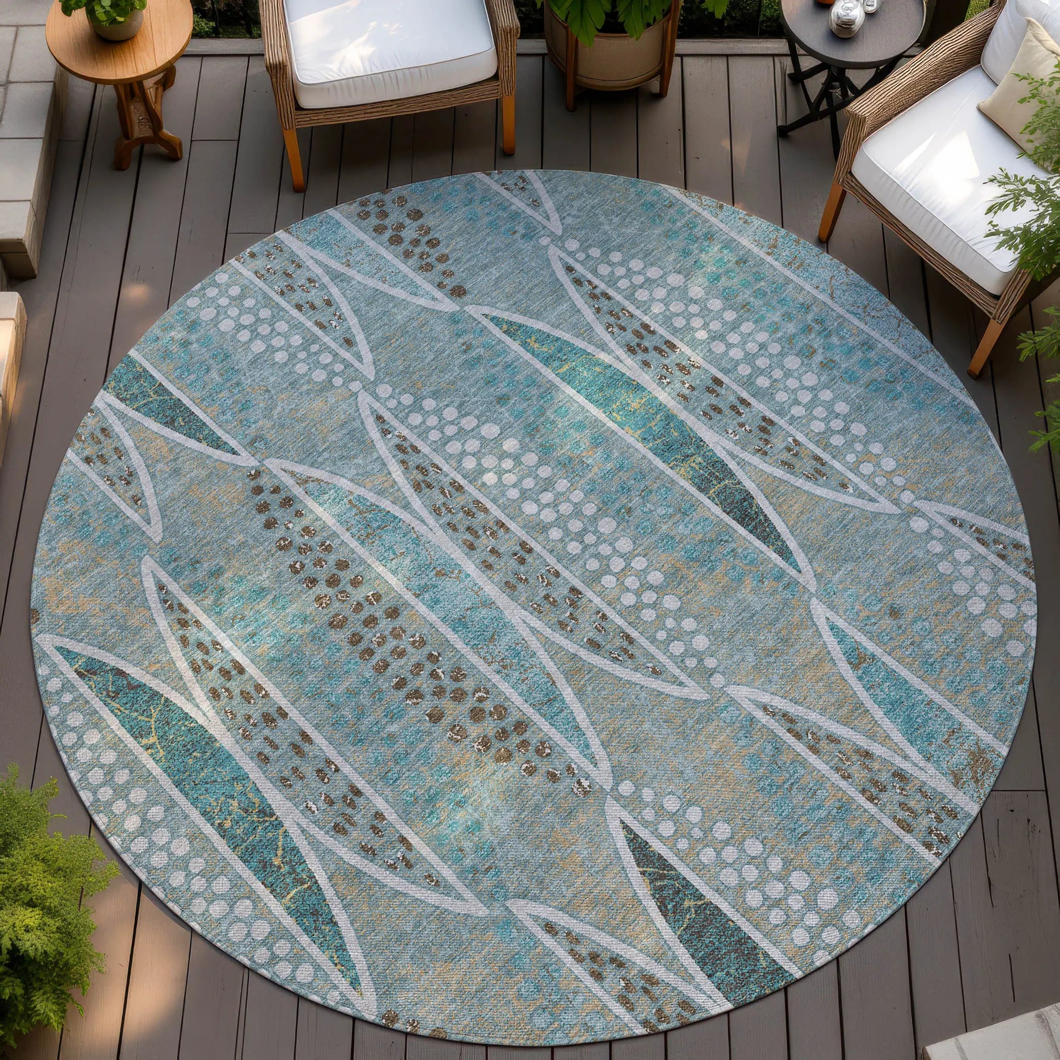 8' Teal Blue And Green Round Geometric Washable Indoor Outdoor Area Rug Homeroots Outdoor