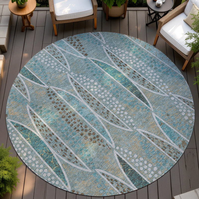 8' Teal Blue And Green Round Geometric Washable Indoor Outdoor Area Rug Homeroots Outdoor