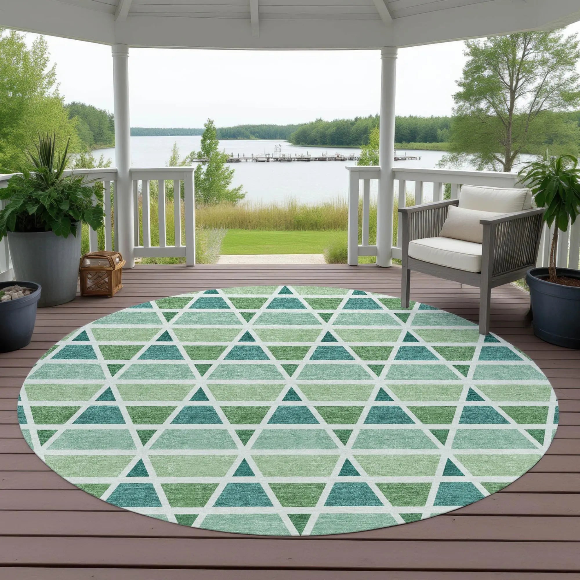 8' Teal Blue And Green Round Geometric Washable Indoor Outdoor Area Rug Homeroots Outdoor