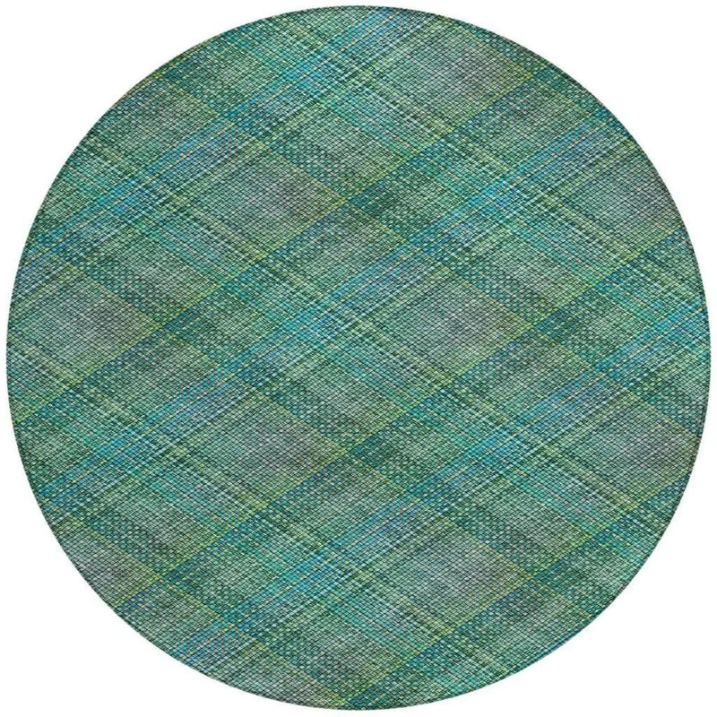 8' Teal Blue And Green Round Plaid Washable Indoor Outdoor Area Rug Homeroots Outdoor