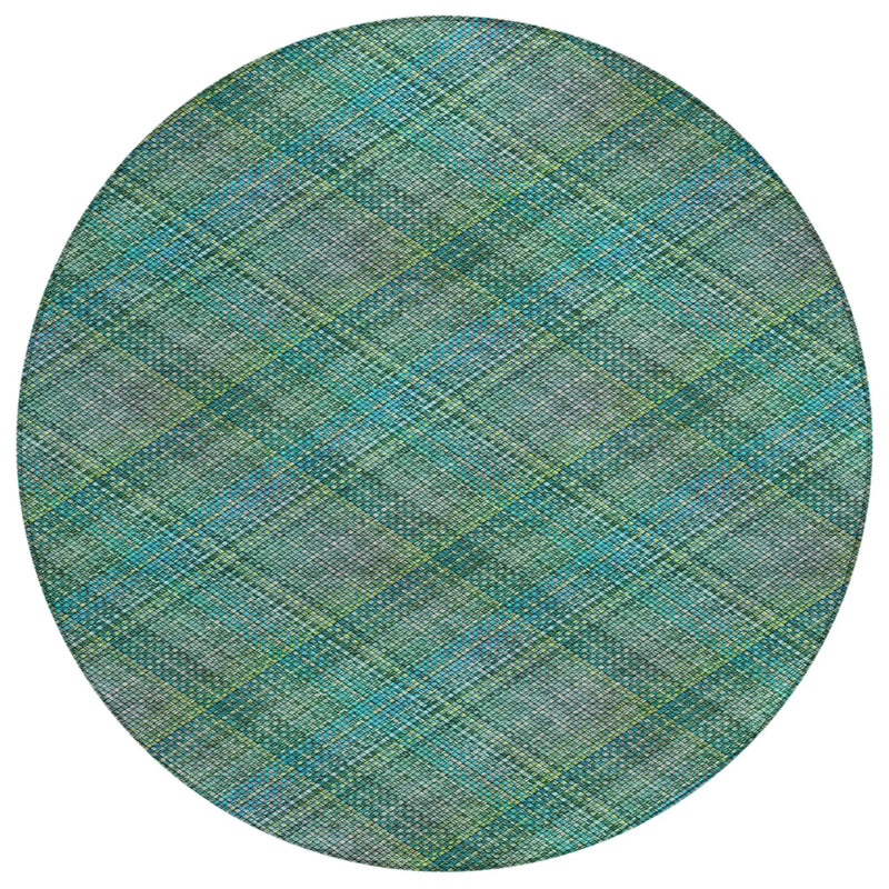 8' Teal Blue And Green Round Plaid Washable Indoor Outdoor Area Rug Homeroots Outdoor