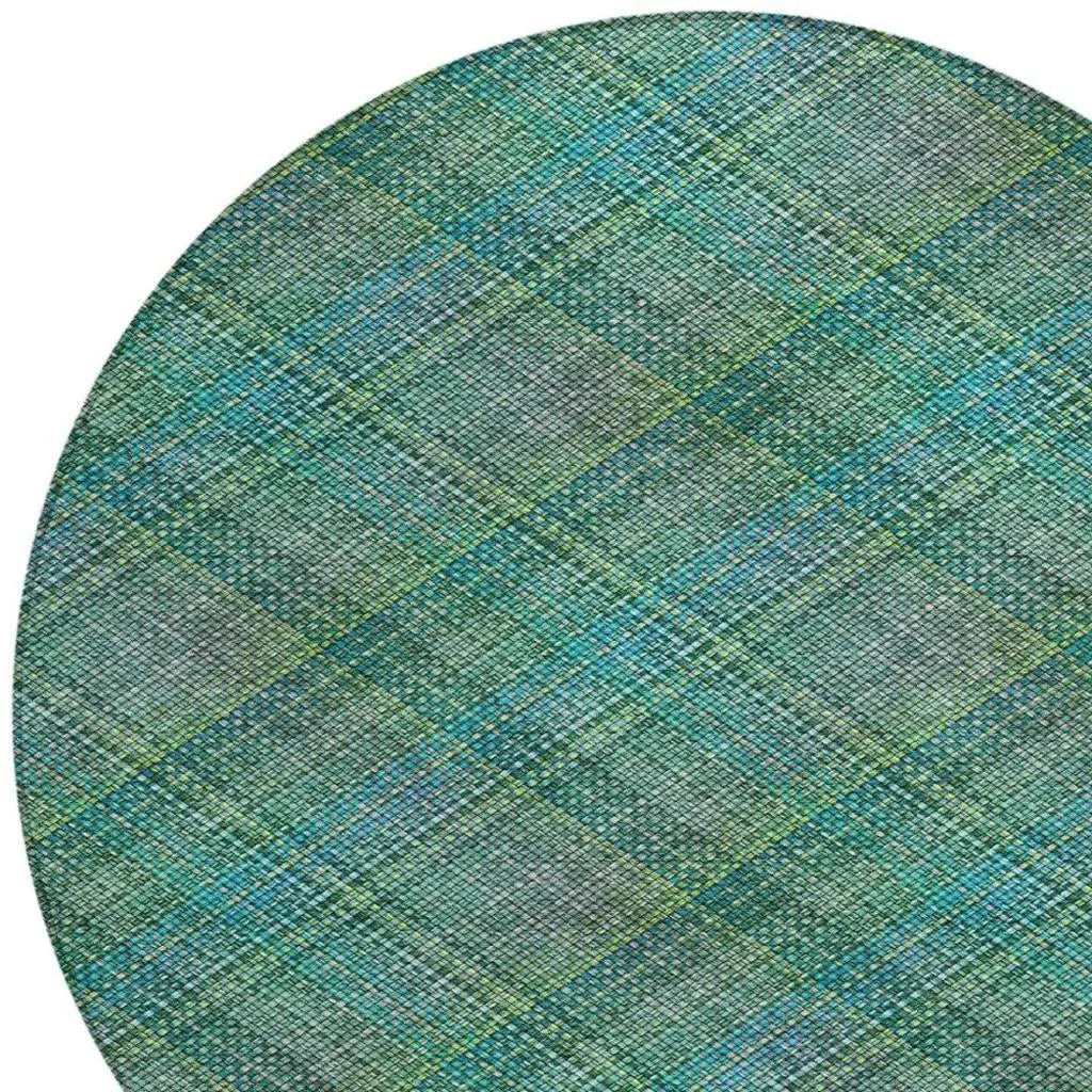 8' Teal Blue And Green Round Plaid Washable Indoor Outdoor Area Rug Homeroots Outdoor
