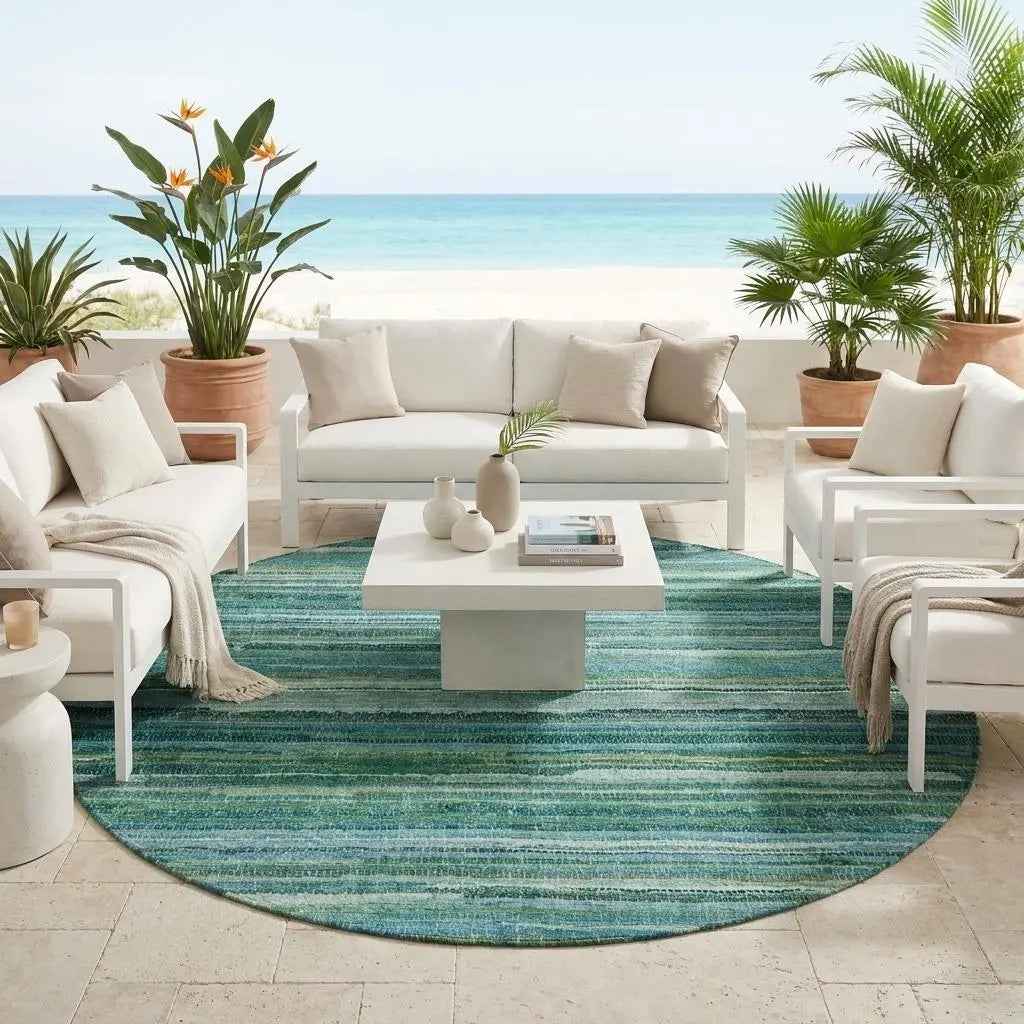 8' Teal Blue And Green Round Striped Washable Indoor Outdoor Area Rug Homeroots Outdoor