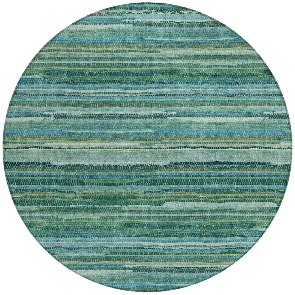 8' Teal Blue And Green Round Striped Washable Indoor Outdoor Area Rug Homeroots Outdoor