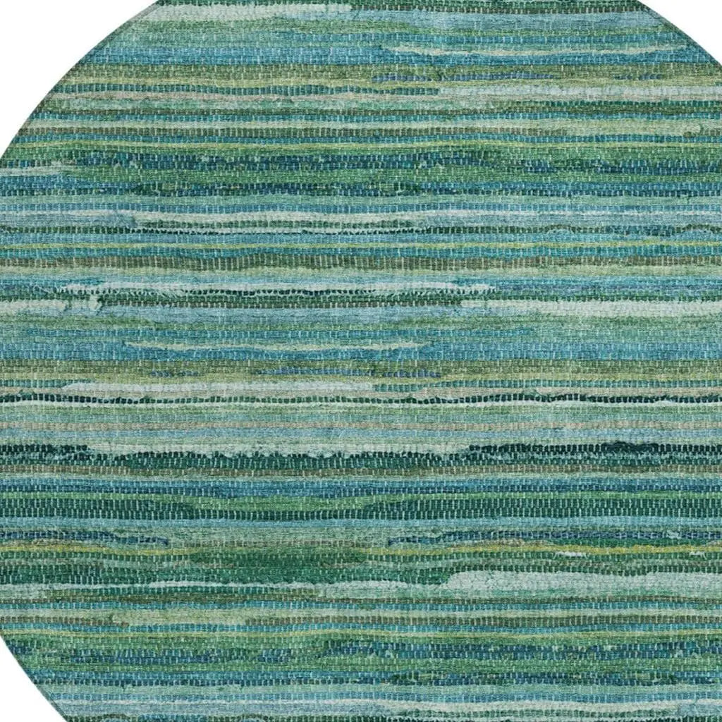 8' Teal Blue And Green Round Striped Washable Indoor Outdoor Area Rug Homeroots Outdoor