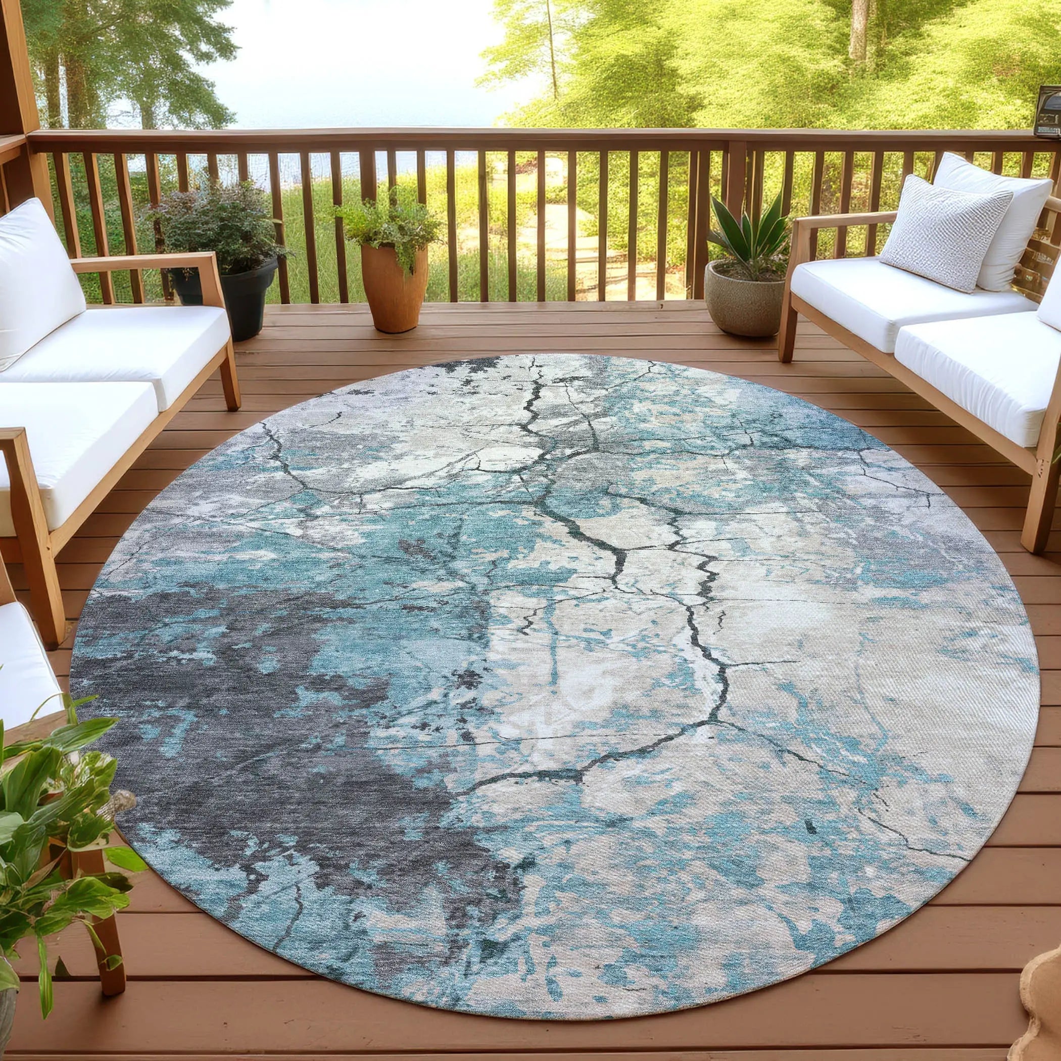 8' Teal Blue And Ivory Round Abstract Washable Indoor Outdoor Area Rug Homeroots Outdoor