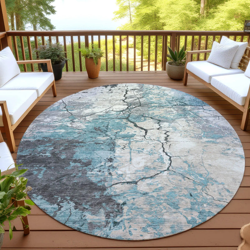 8' Teal Blue And Ivory Round Abstract Washable Indoor Outdoor Area Rug Homeroots Outdoor