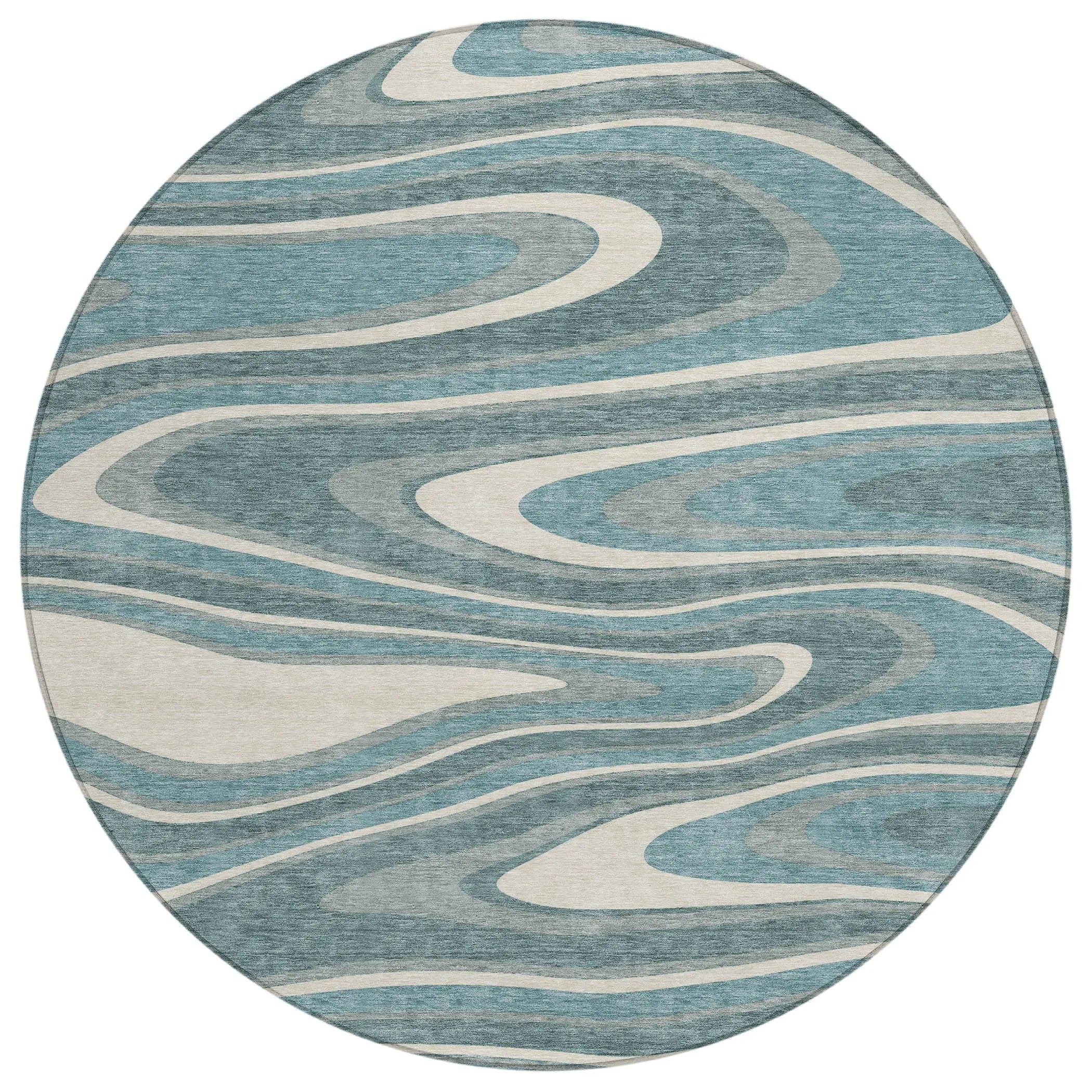 8' Teal Blue And Ivory Round Abstract Washable Indoor Outdoor Area Rug Homeroots Outdoor