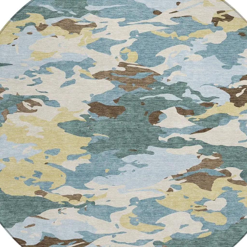 8' Teal Blue And Ivory Round Abstract Washable Indoor Outdoor Area Rug Homeroots Outdoor