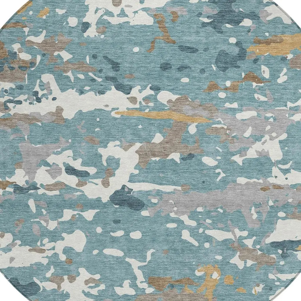 8' Teal Blue And Ivory Round Abstract Washable Indoor Outdoor Area Rug Homeroots Outdoor