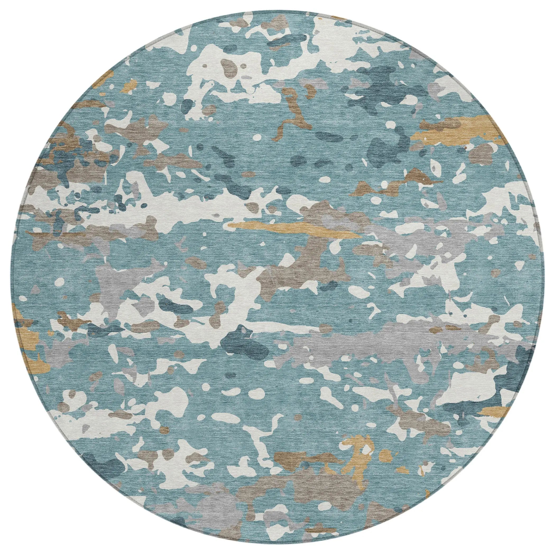 8' Teal Blue And Ivory Round Abstract Washable Indoor Outdoor Area Rug Homeroots Outdoor
