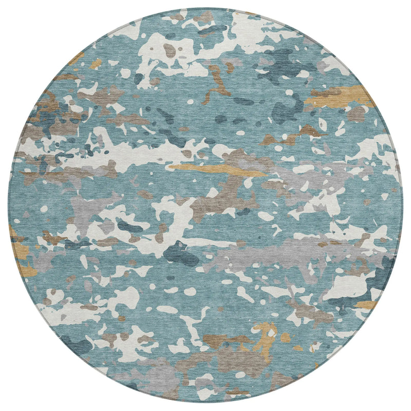 8' Teal Blue And Ivory Round Abstract Washable Indoor Outdoor Area Rug Homeroots Outdoor