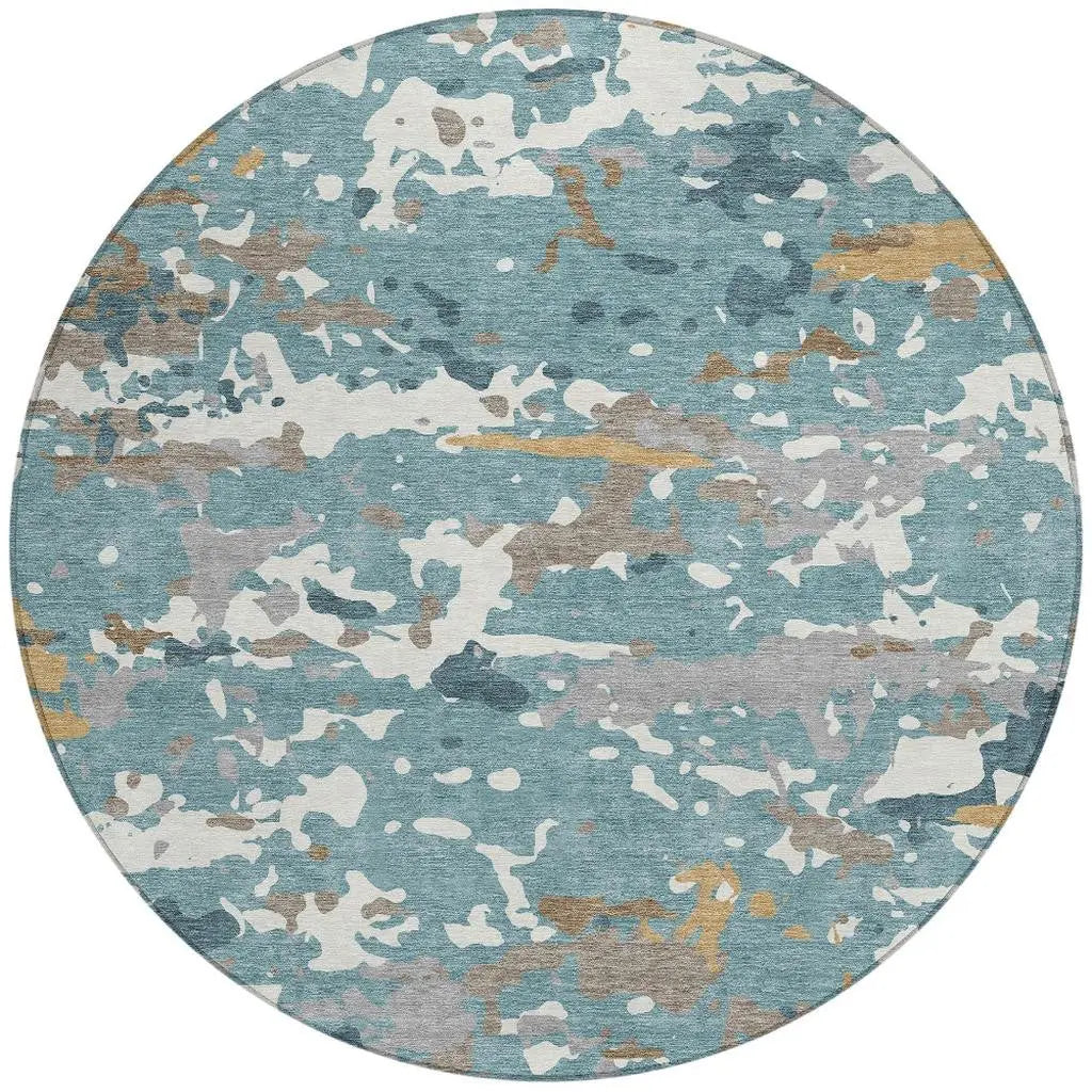 8' Teal Blue And Ivory Round Abstract Washable Indoor Outdoor Area Rug Homeroots Outdoor
