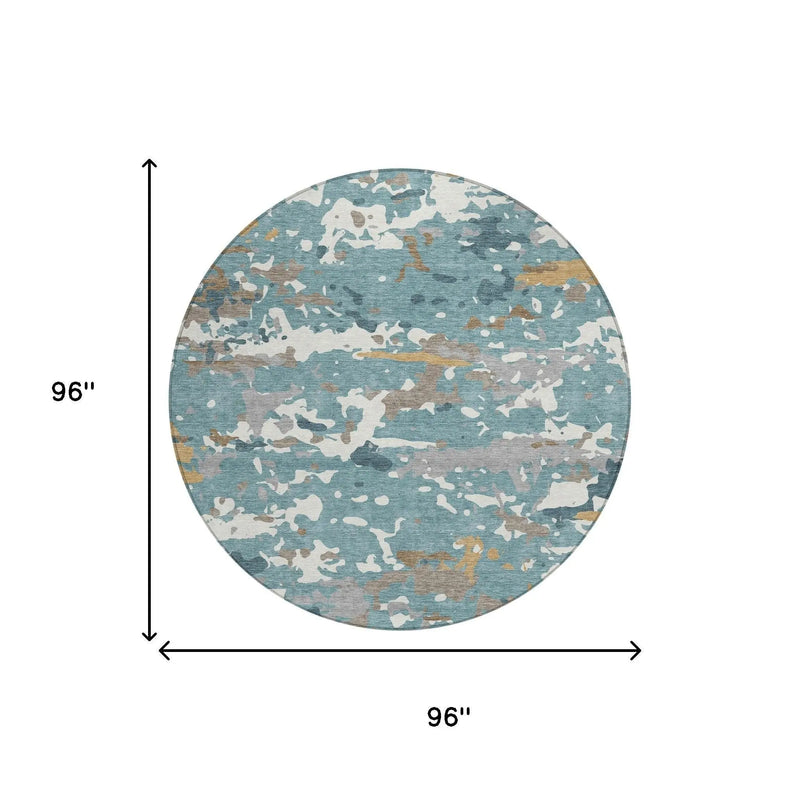 8' Teal Blue And Ivory Round Abstract Washable Indoor Outdoor Area Rug Homeroots Outdoor