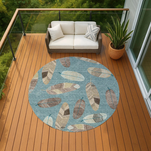 8' Teal Blue And Ivory Round Botanical Leaves Washable Indoor Outdoor Area Rug Homeroots Outdoor