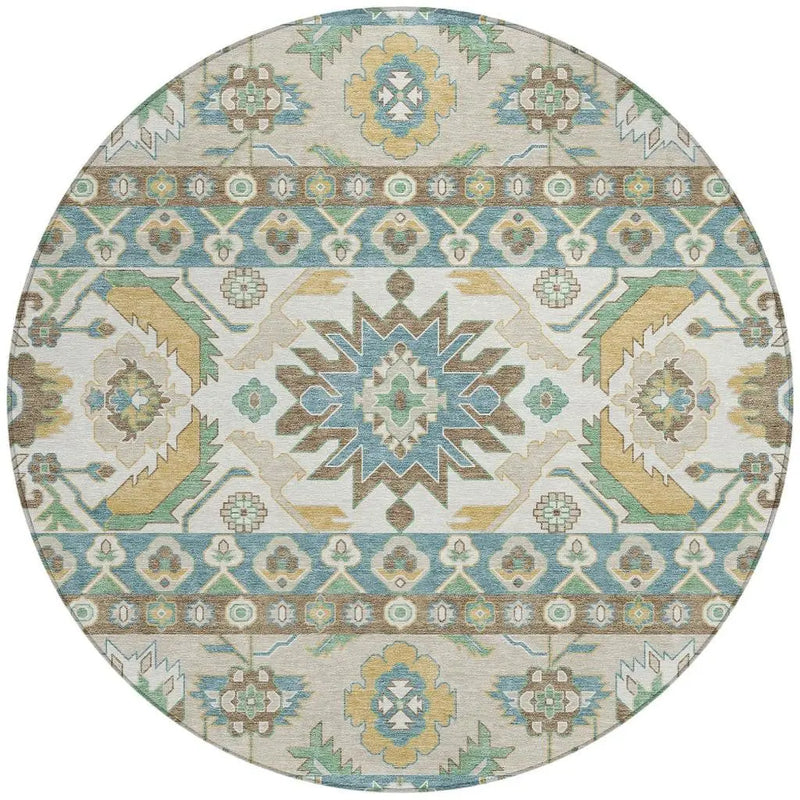 8' Teal Blue And Ivory Round Cactus Washable Indoor Outdoor Area Rug Homeroots Outdoor
