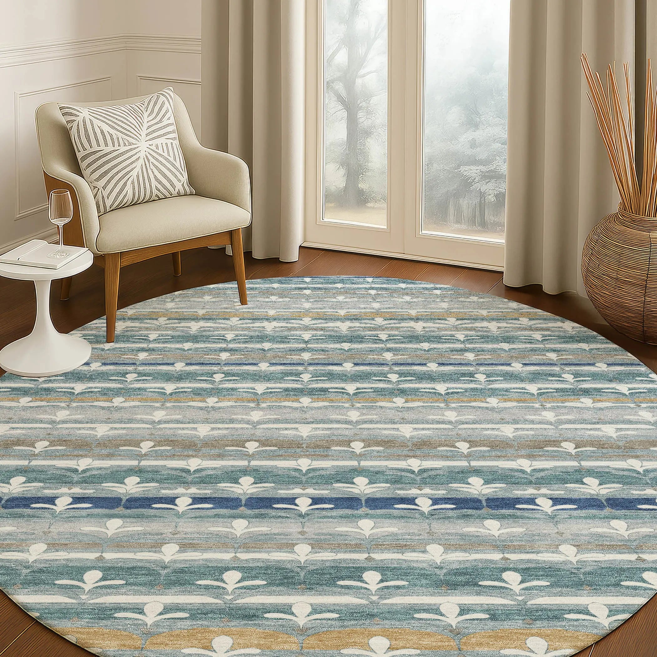 8' Teal Blue And Ivory Round Damask Washable Indoor Outdoor Area Rug Homeroots Outdoor
