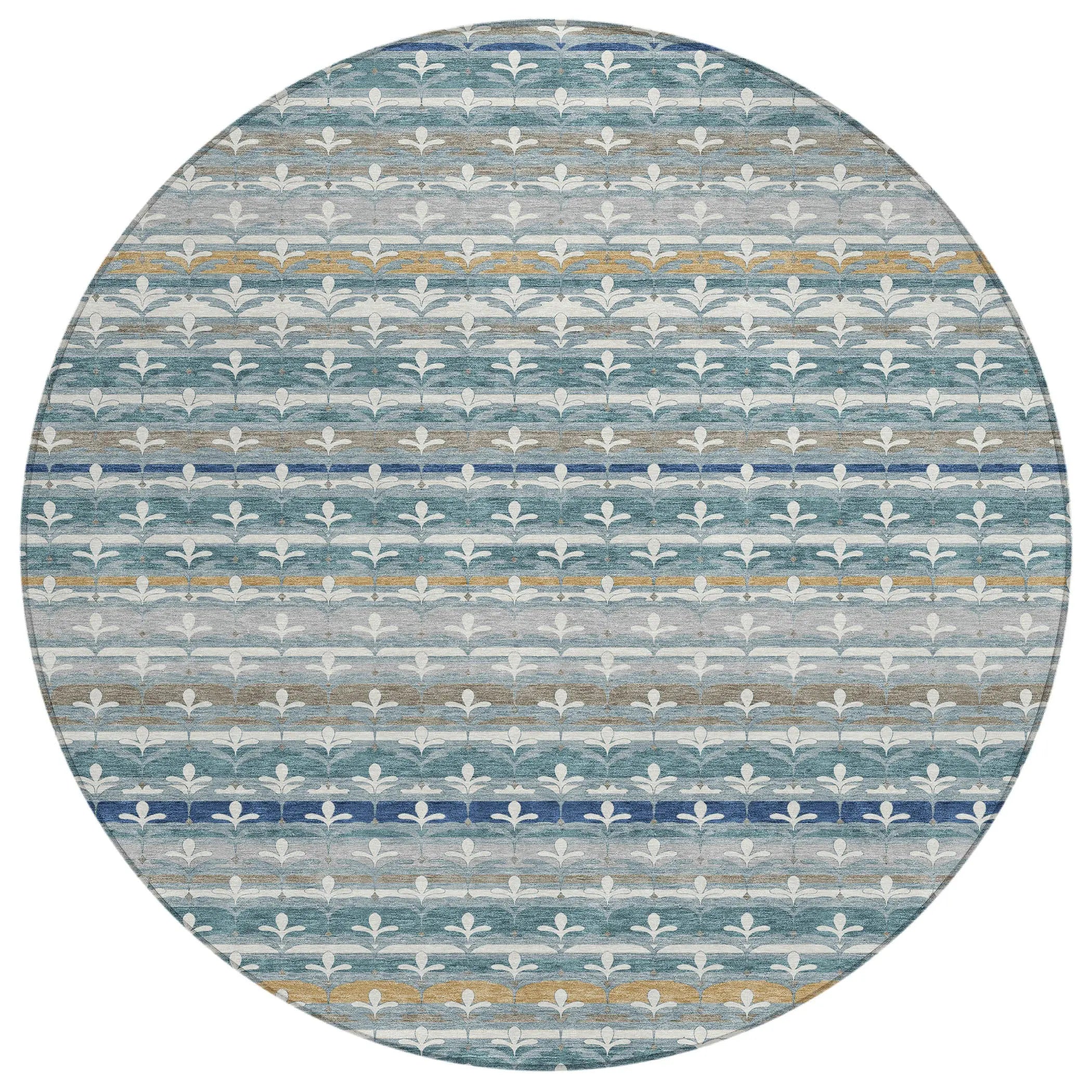 8' Teal Blue And Ivory Round Damask Washable Indoor Outdoor Area Rug Homeroots Outdoor