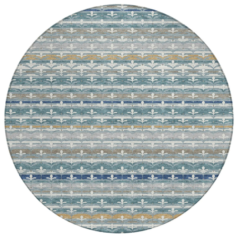 8' Teal Blue And Ivory Round Damask Washable Indoor Outdoor Area Rug Homeroots Outdoor