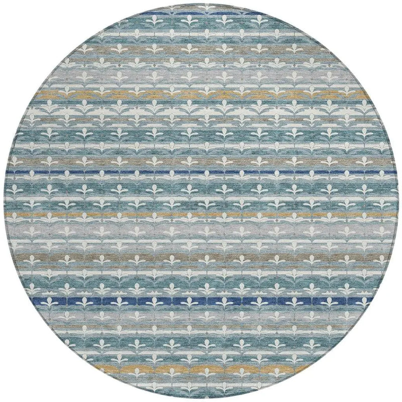 8' Teal Blue And Ivory Round Damask Washable Indoor Outdoor Area Rug Homeroots Outdoor