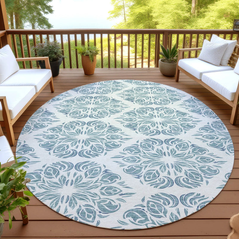 8' Teal Blue And Ivory Round Damask Washable Indoor Outdoor Area Rug Homeroots Outdoor