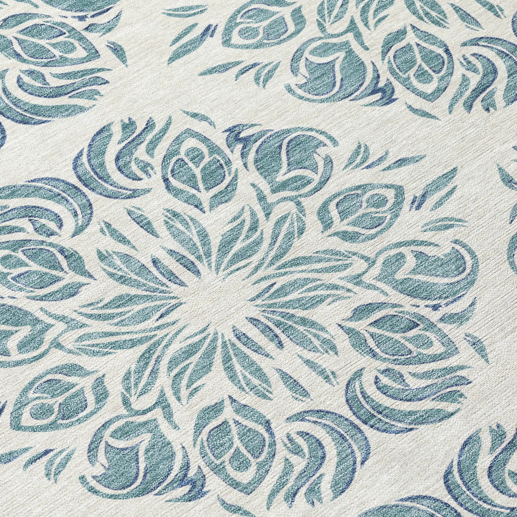8' Teal Blue And Ivory Round Damask Washable Indoor Outdoor Area Rug Homeroots Outdoor