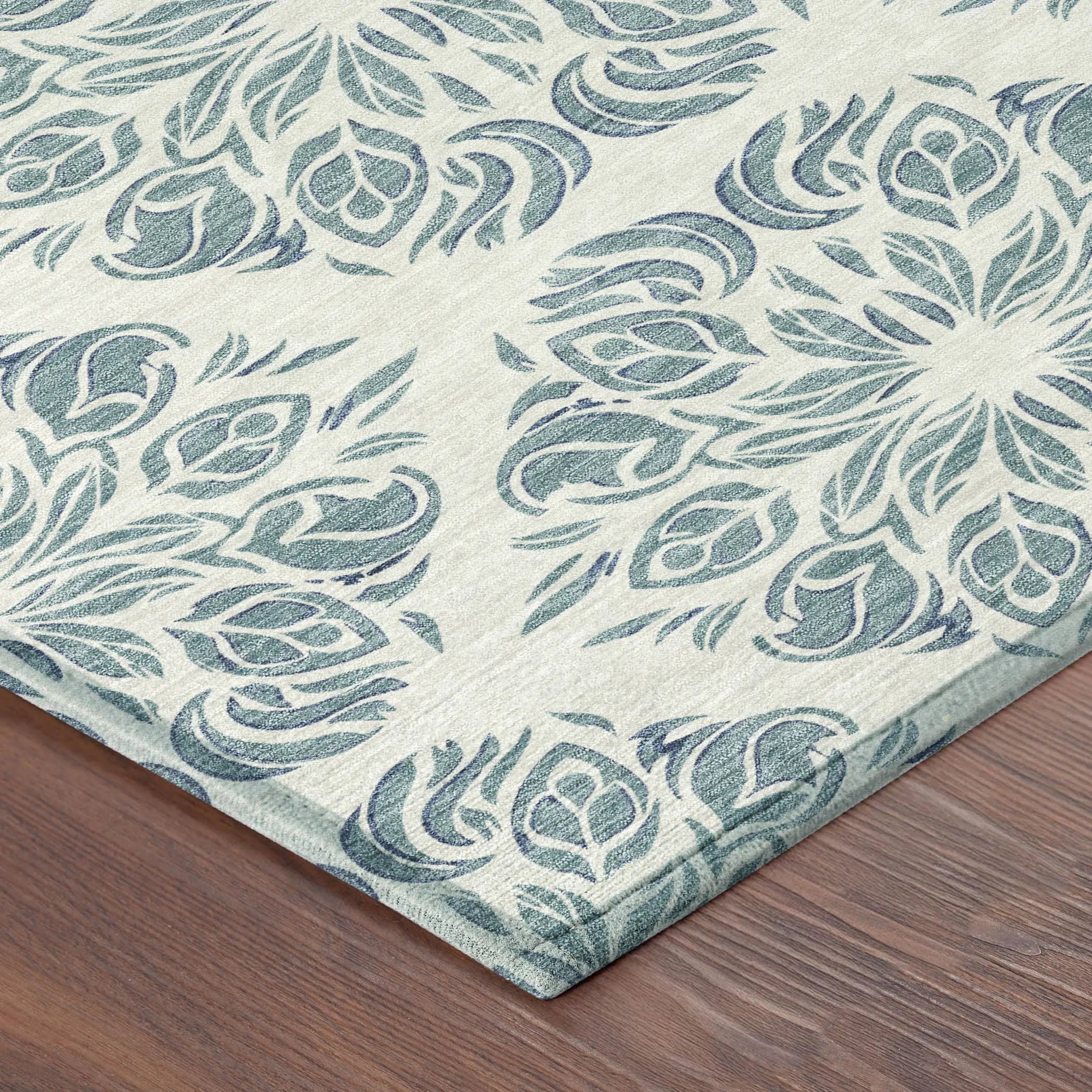 8' Teal Blue And Ivory Round Damask Washable Indoor Outdoor Area Rug Homeroots Outdoor