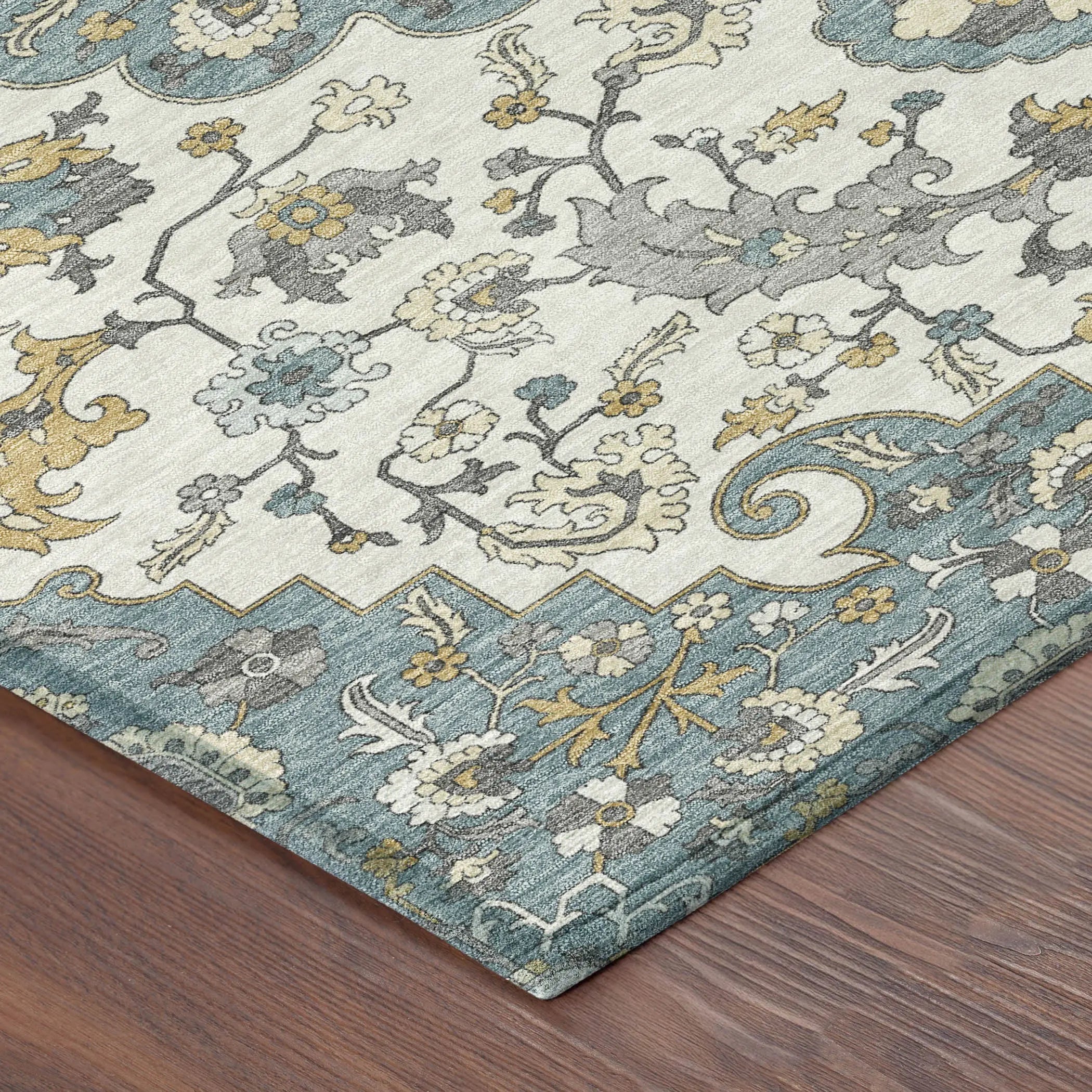 8' Teal Blue And Ivory Round Floral Medallion Washable Indoor Outdoor Area Rug Homeroots Outdoor