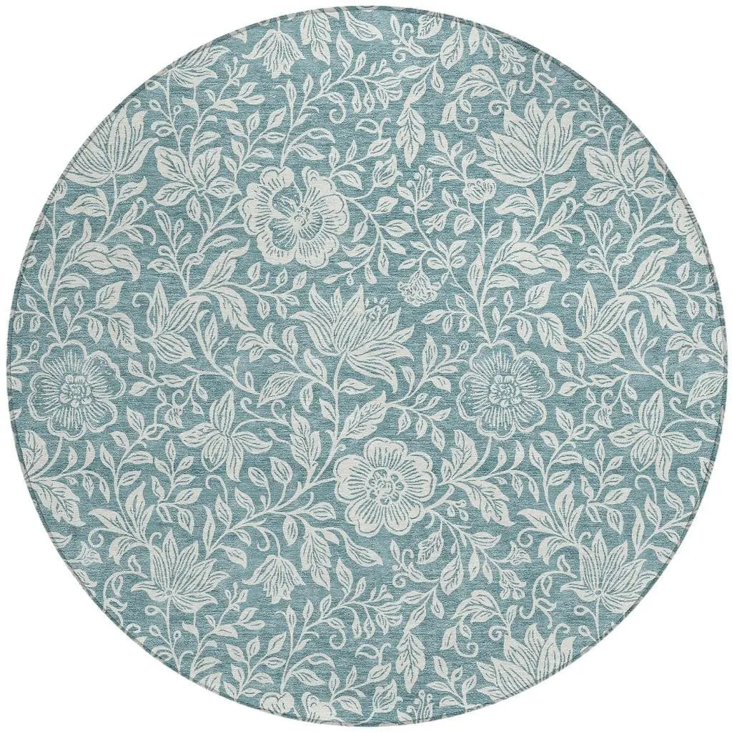 8' Teal Blue And Ivory Round Floral Washable Indoor Outdoor Area Rug Homeroots Outdoor