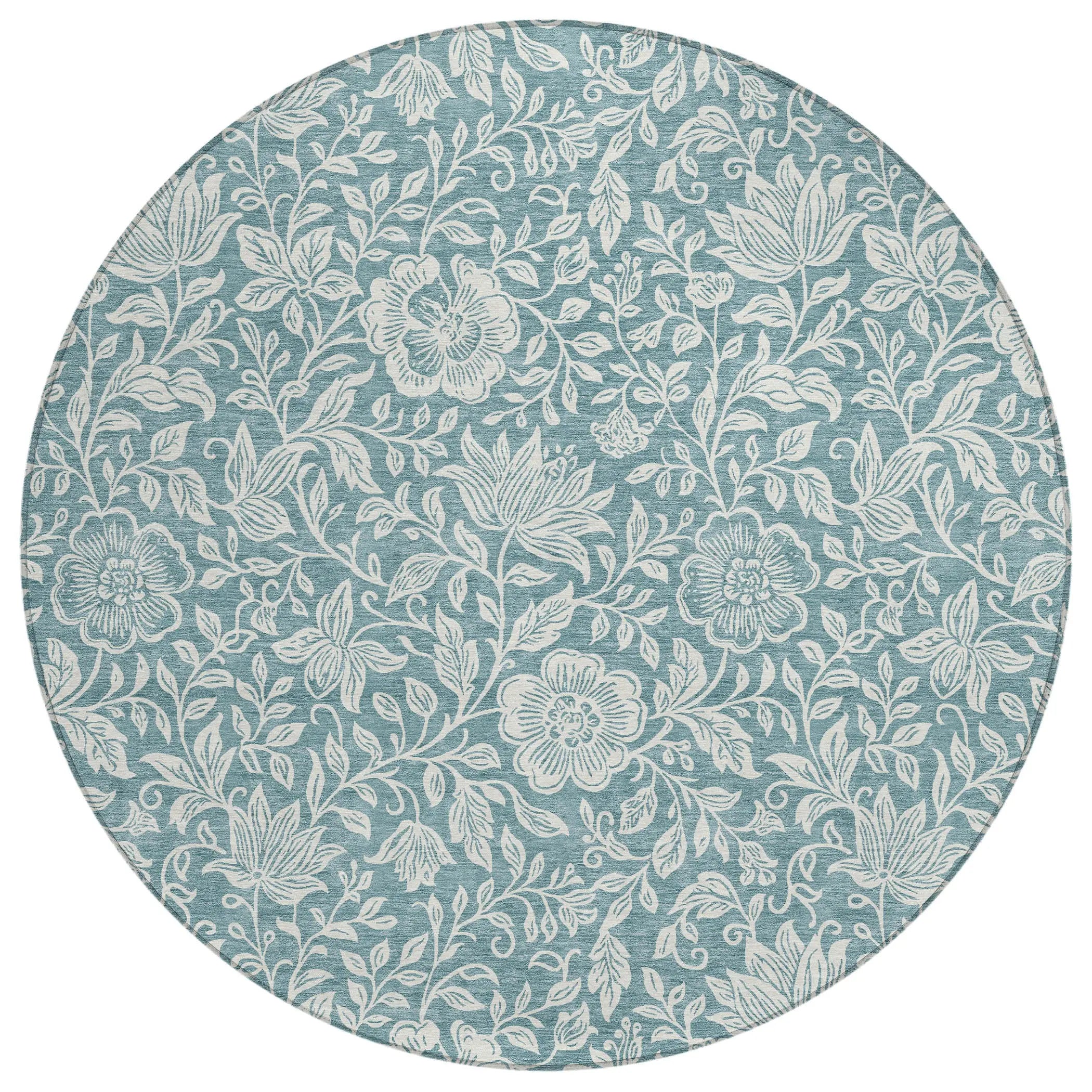 8' Teal Blue And Ivory Round Floral Washable Indoor Outdoor Area Rug Homeroots Outdoor