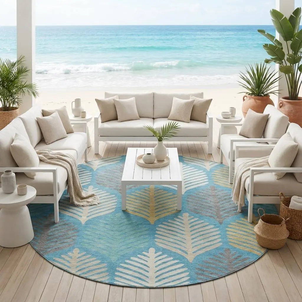 8' Teal Blue And Ivory Round Floral Washable Indoor Outdoor Area Rug Homeroots Outdoor