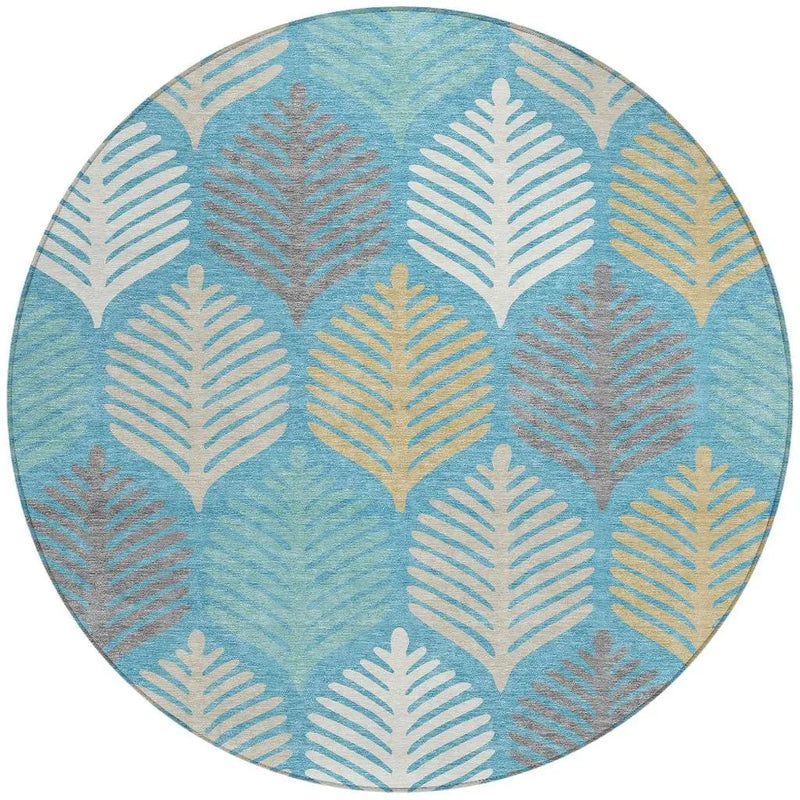 8' Teal Blue And Ivory Round Floral Washable Indoor Outdoor Area Rug Homeroots Outdoor