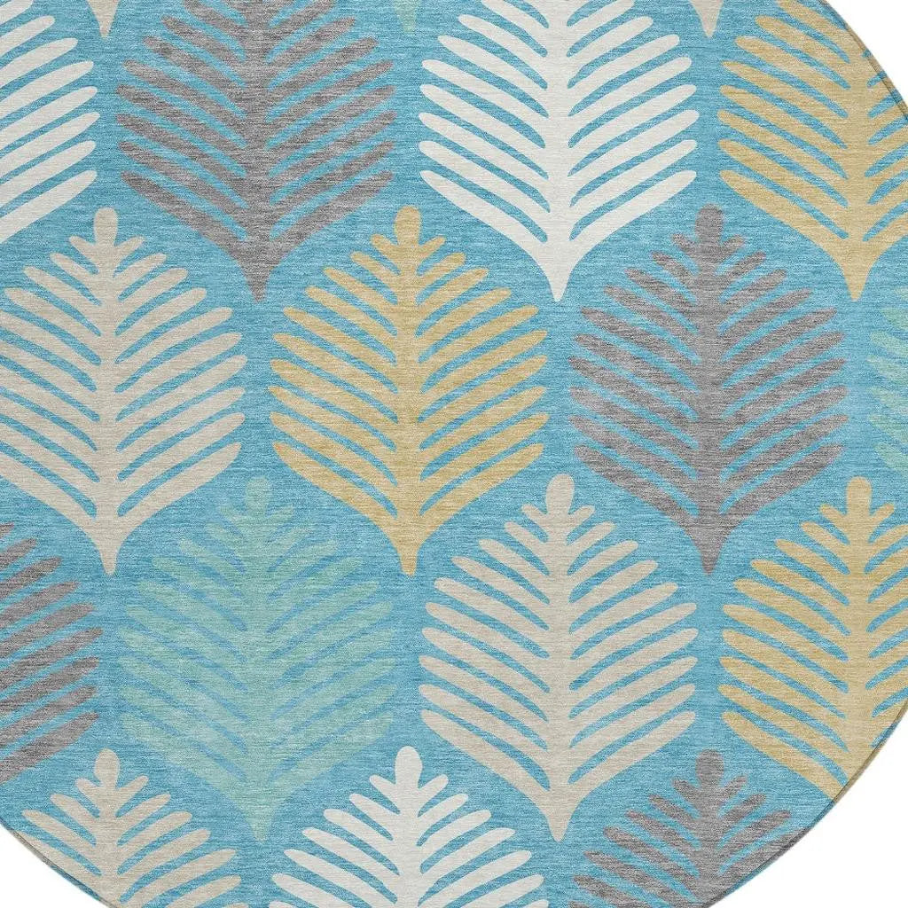 8' Teal Blue And Ivory Round Floral Washable Indoor Outdoor Area Rug Homeroots Outdoor