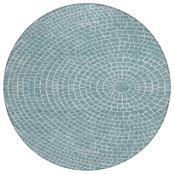 8' Teal Blue And Ivory Round Geometric Washable Indoor Outdoor Area Rug Homeroots Outdoor