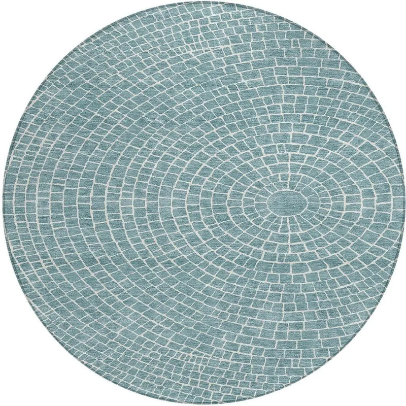 8' Teal Blue And Ivory Round Geometric Washable Indoor Outdoor Area Rug Homeroots Outdoor