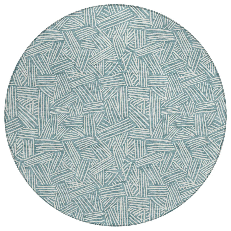 8' Teal Blue And Ivory Round Geometric Washable Indoor Outdoor Area Rug Homeroots Outdoor