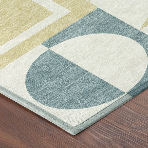 8' Teal Blue And Ivory Round Geometric Washable Indoor Outdoor Area Rug Homeroots Outdoor