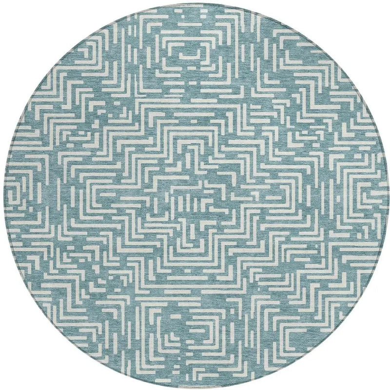 8' Teal Blue And Ivory Round Geometric Washable Indoor Outdoor Area Rug Homeroots Outdoor