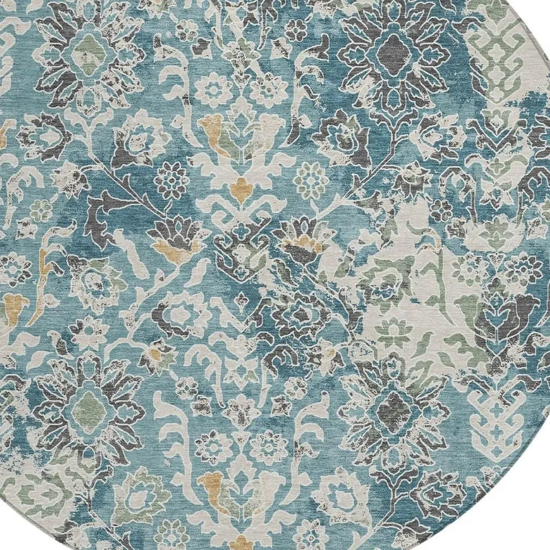 8' Teal Blue And Ivory Round Geometric Washable Indoor Outdoor Area Rug Homeroots Outdoor