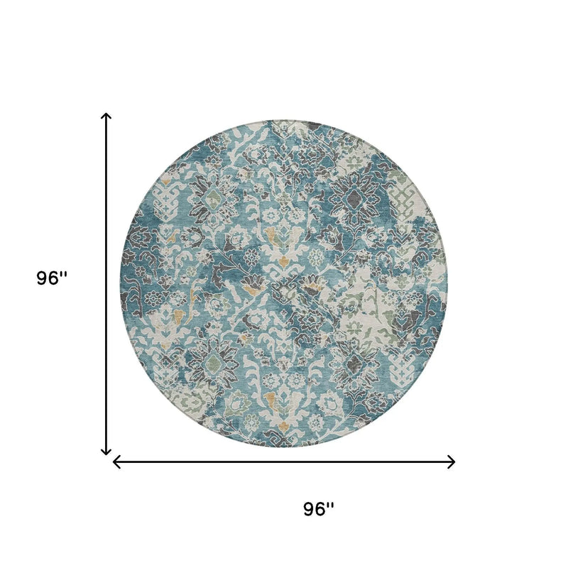 8' Teal Blue And Ivory Round Geometric Washable Indoor Outdoor Area Rug Homeroots Outdoor