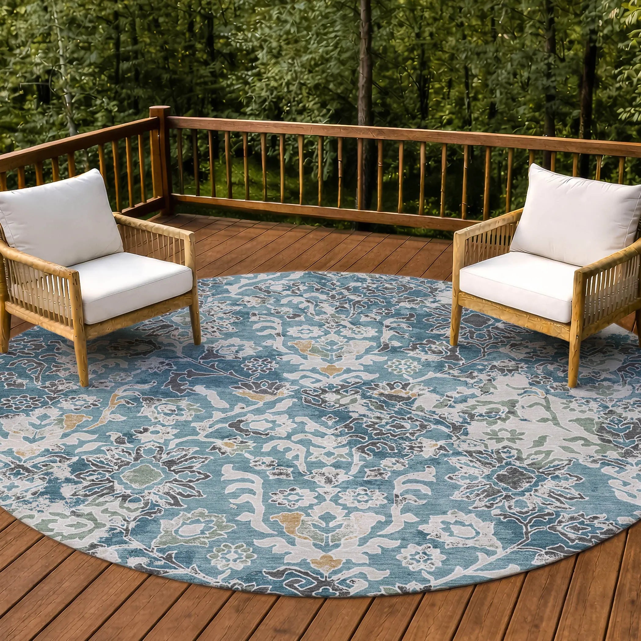 8' Teal Blue And Ivory Round Geometric Washable Indoor Outdoor Area Rug Homeroots Outdoor