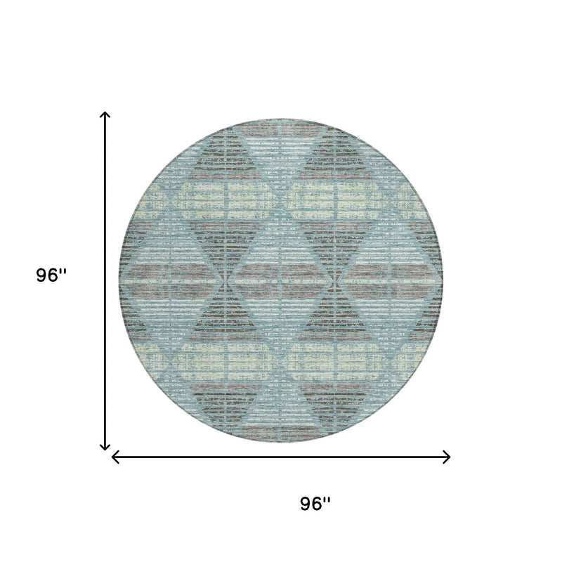 8' Teal Blue And Ivory Round Geometric Washable Indoor Outdoor Area Rug Homeroots Outdoor