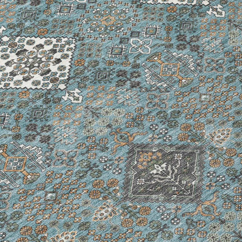 8' Teal Blue And Ivory Round Geometric Washable Indoor Outdoor Area Rug Homeroots Outdoor