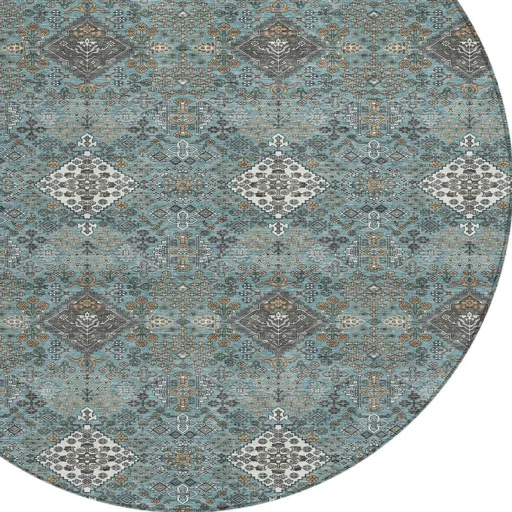 8' Teal Blue And Ivory Round Geometric Washable Indoor Outdoor Area Rug Homeroots Outdoor