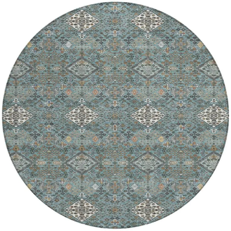 8' Teal Blue And Ivory Round Geometric Washable Indoor Outdoor Area Rug Homeroots Outdoor